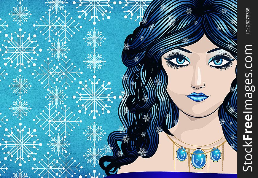 Illustration of abstract winter girl on snowflake texture background. Illustration of abstract winter girl on snowflake texture background.