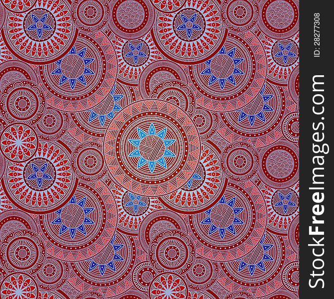 Pattern with abstract flowers, in red and blue