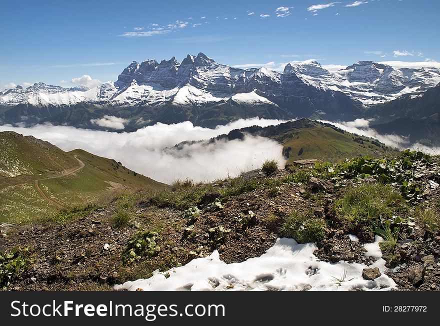 Mountain landscape, morning fog in the Swiss Alps