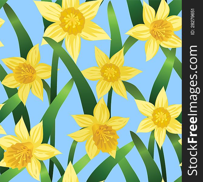 Seamless background with daffodils on blue background