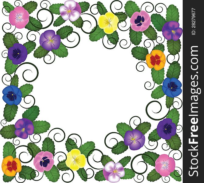 Pansies frame with swirls. Vector illustration