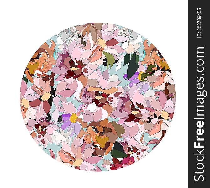 Decorative circle with multicolored flowers in cartoon style for your designs and ideas,graphic element