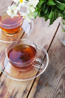 Cup With Green Tea And Fresh Herbs Stock Images