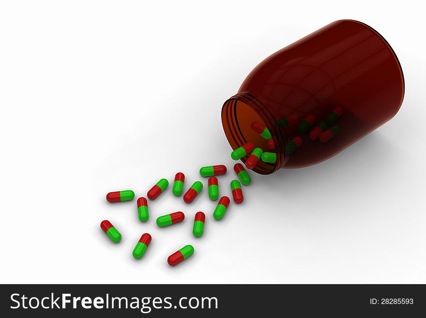 3D model of red green capsules spilled from a brown transparent bottle. 3D model of red green capsules spilled from a brown transparent bottle