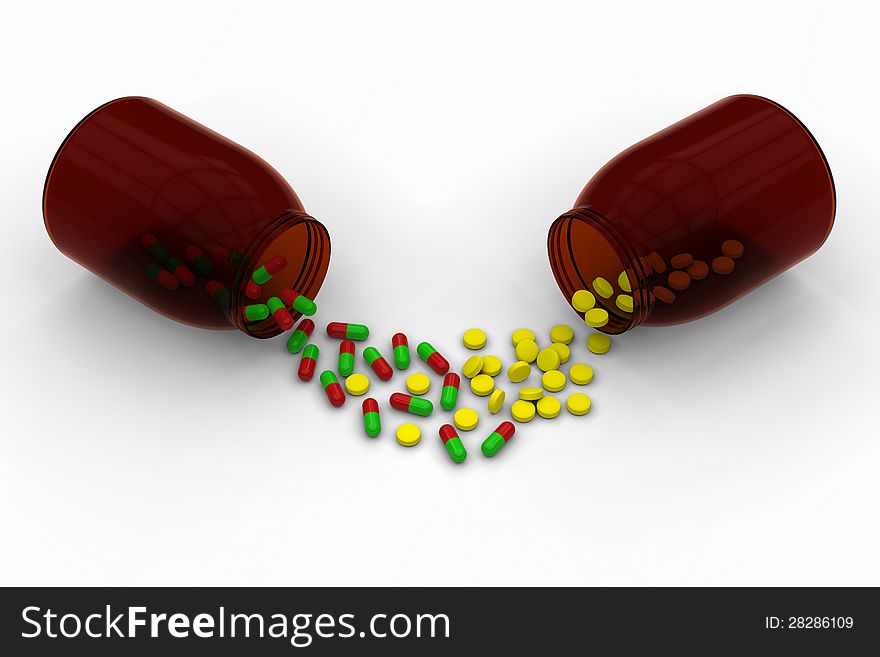 3D model of red green capsules and yellow pills are spilled from a brown transparent bottles. 3D model of red green capsules and yellow pills are spilled from a brown transparent bottles