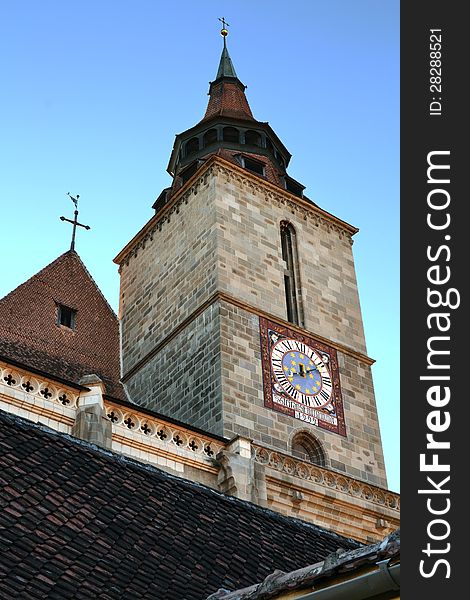 Clock Tower of the Black Church of the Transylvanian city of Brasov, Romania (built ca. 1380). Clock Tower of the Black Church of the Transylvanian city of Brasov, Romania (built ca. 1380).