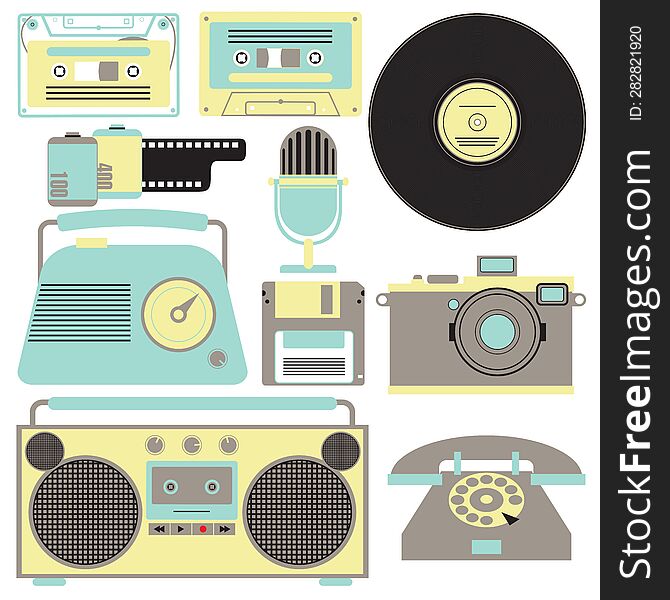 90s gadget icons in flat style. Retro camera with film, cassette, radio, record, microphone, floppy disk, telephone and tape recor