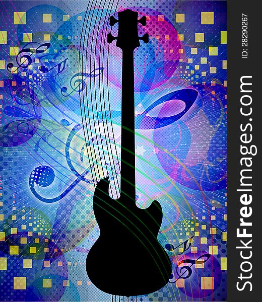 Illustration of abstract colorful funky musical background with guitar. Illustration of abstract colorful funky musical background with guitar.