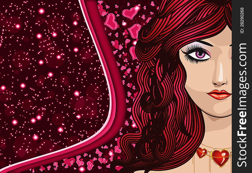 Illustration of red haired girl with hearts on valentine background. Illustration of red haired girl with hearts on valentine background.