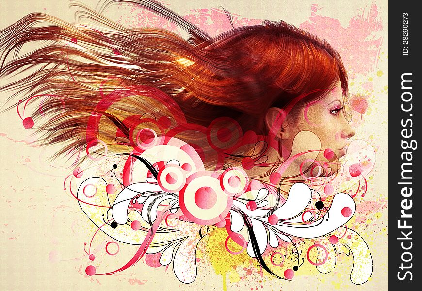 Abstract illustration of girl with long brown hair on floral background. Abstract illustration of girl with long brown hair on floral background.