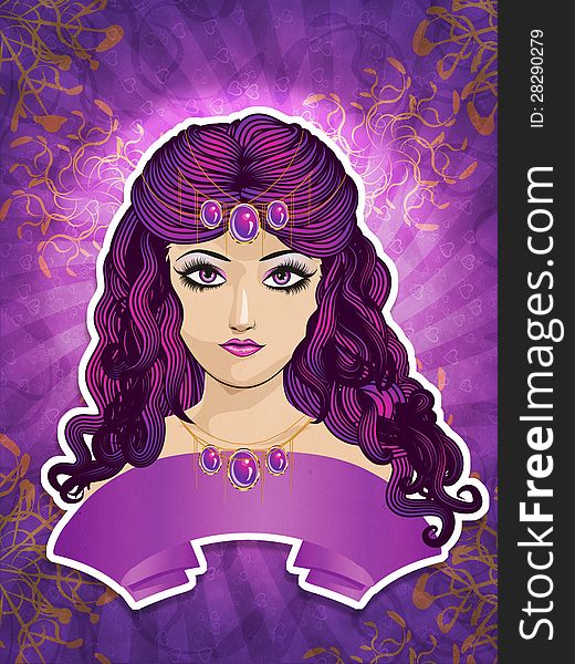 Illustration of a girl with purple hair and ribbon on colorful background. Illustration of a girl with purple hair and ribbon on colorful background.