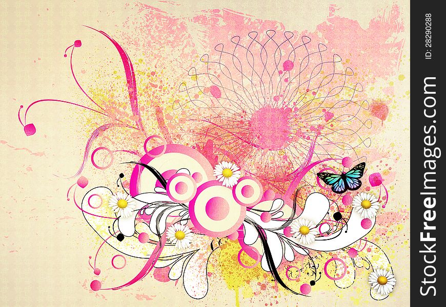 Illustration of grunge floral background with flowers and butterfly. Illustration of grunge floral background with flowers and butterfly.