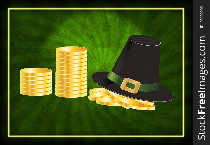 Illustration of black leprechaun hat and golden coins on green background. Illustration of black leprechaun hat and golden coins on green background.