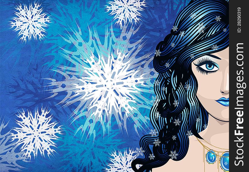 Illustration of abstract winter girl on snowflake texture background. Illustration of abstract winter girl on snowflake texture background.