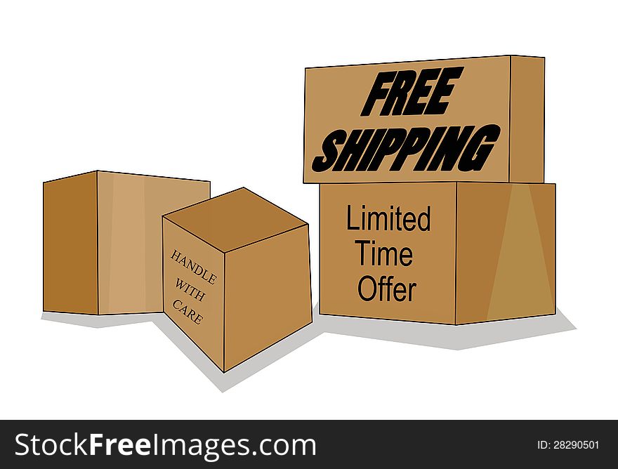 Illustration of several boxes advertising free shipping, on a white background. Illustration of several boxes advertising free shipping, on a white background.