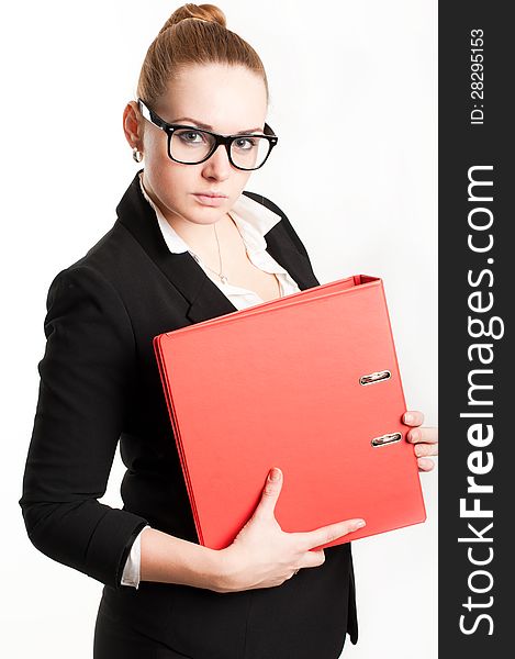 Business woman with folders on a light background