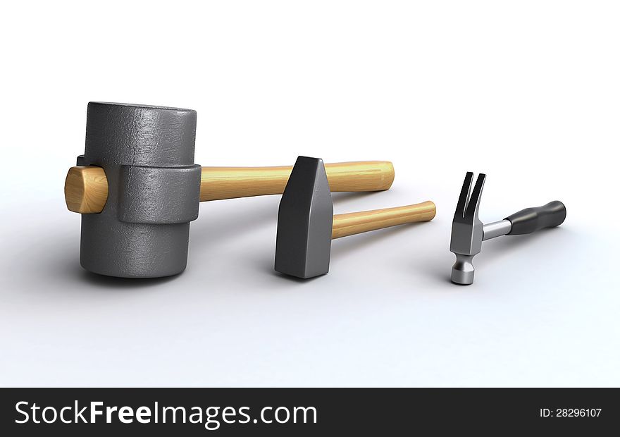 Three different hammers on the white background (3d render)