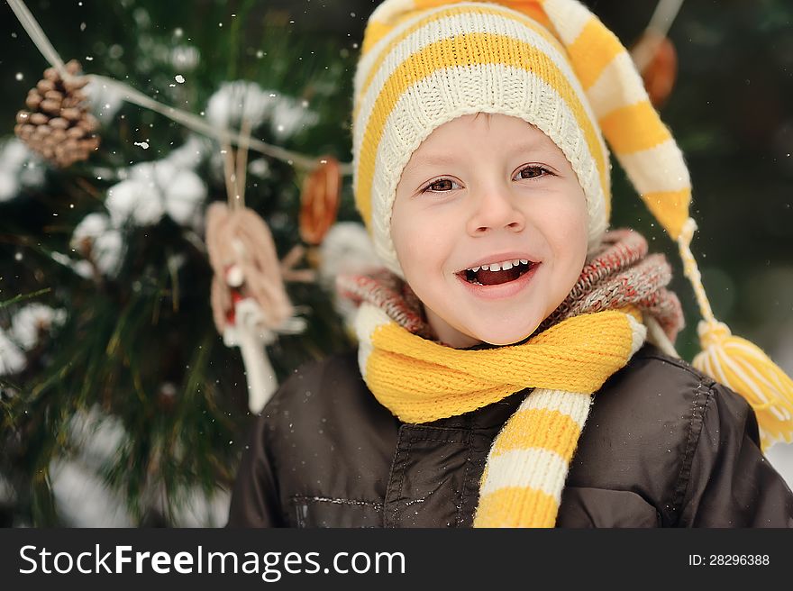 Portrait of a boy in a cap on a background of winter trees. Portrait of a boy in a cap on a background of winter trees