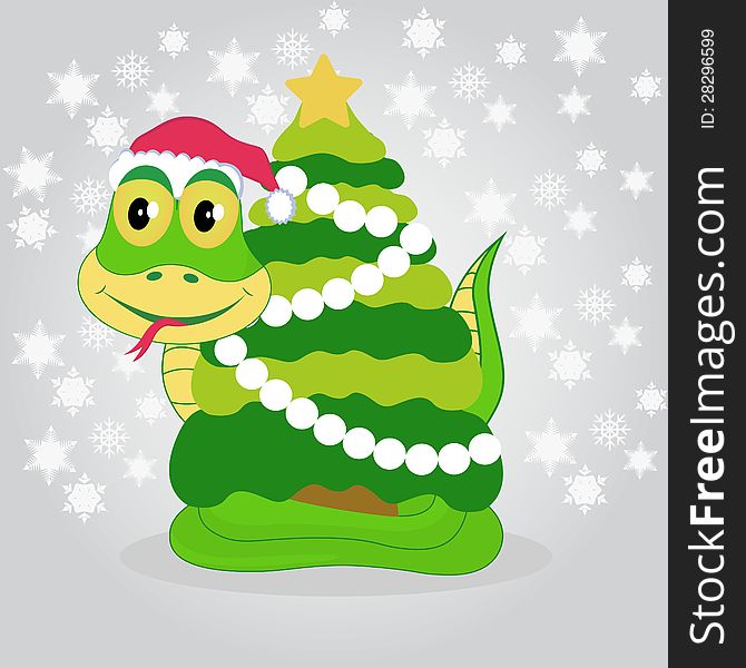 Illustration of green snake with Christmas tree. Illustration of green snake with Christmas tree