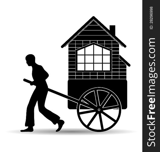 Man pulls a cart with a house. Man pulls a cart with a house