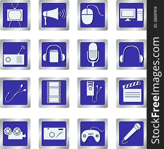 Vector set of media icons on square buttons