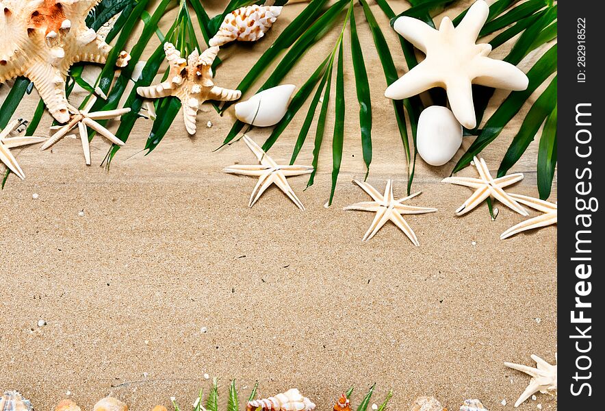 starfish and leaves on sand background decoration