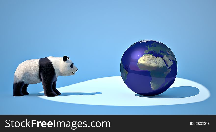 A bamboo bear looking at the earth. A bamboo bear looking at the earth