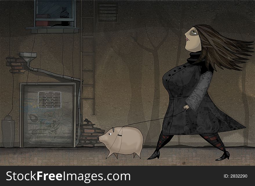 Girl walking with her pig. Girl walking with her pig