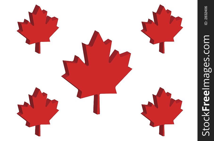 Three dimensional perspective of five Canadian maple leaves