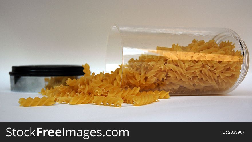 Dry pasta go out box on white background. Dry pasta go out box on white background