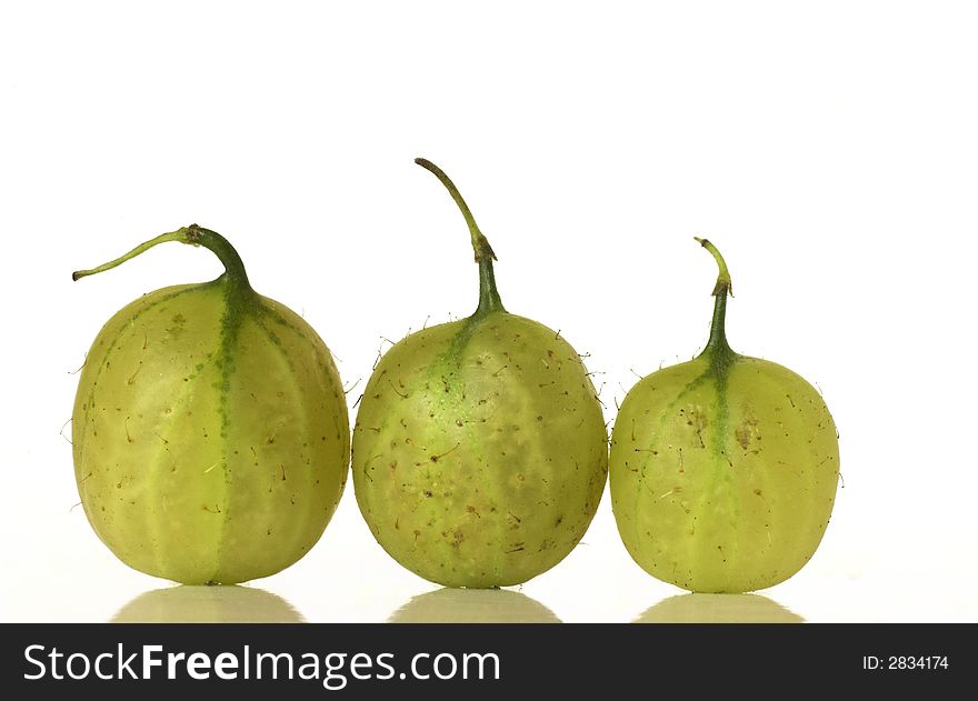 A row of three fresh green gooseberries on a white background.