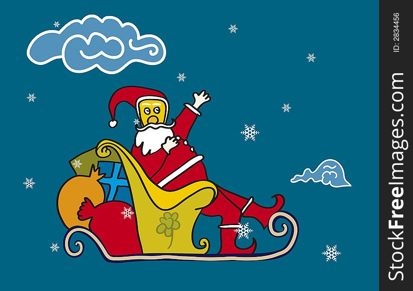 Flying Papa Noel (vector) in the sky with snow