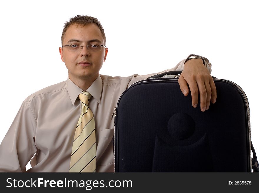 Businessman with suitcase on white