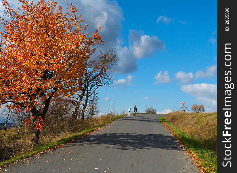 Walking family on the beautiful autumn day.