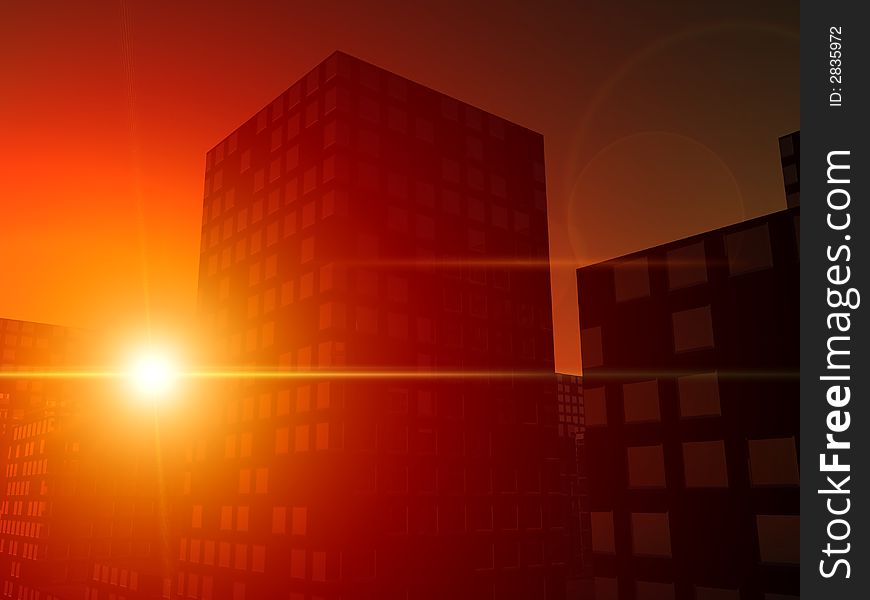 An image of the sun over a city. An image of the sun over a city.