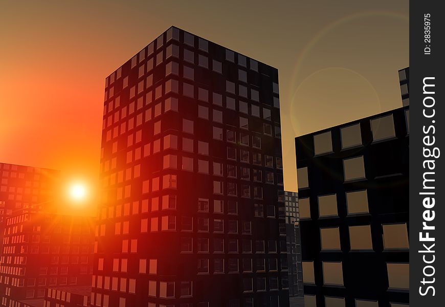 An image of the sun over a city. An image of the sun over a city.