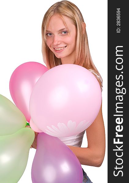 The girl with balloons on a white background
