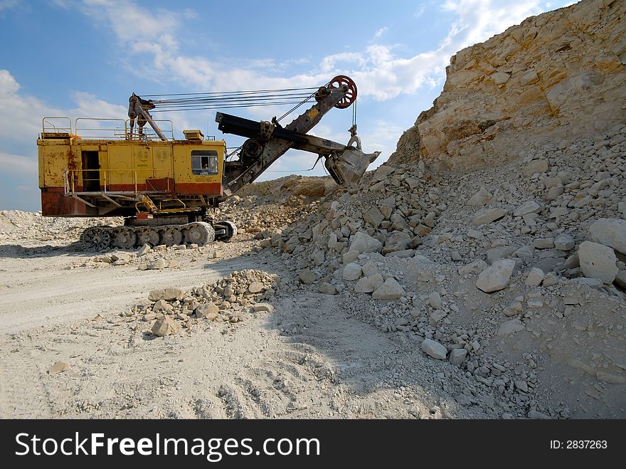 Dredge on loading in sand-pit. Dredge on loading in sand-pit