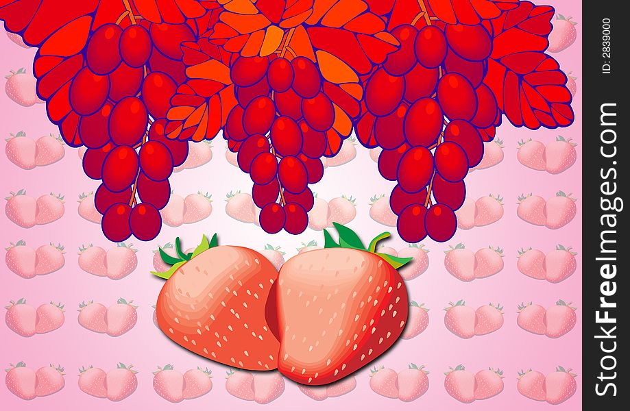 Bright red fresh strawberries, Grapes on pink ground. Bright red fresh strawberries, Grapes on pink ground