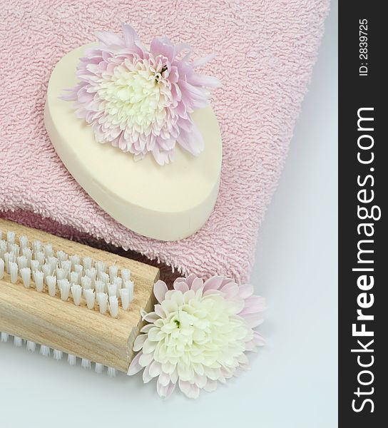 Macro shot of toiletries and flowers