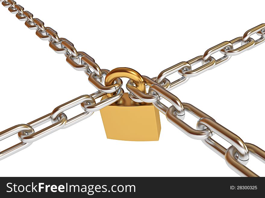 Crossed chains with lock, conceptual illustration, 3d render