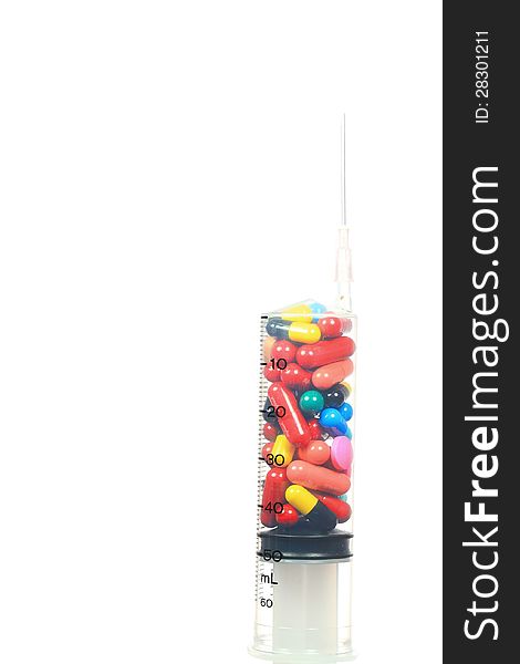 Drugs pack in syringe on white background. Drugs pack in syringe on white background