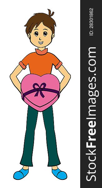 Illustration of a young man holding a heart shaped box. Illustration of a young man holding a heart shaped box
