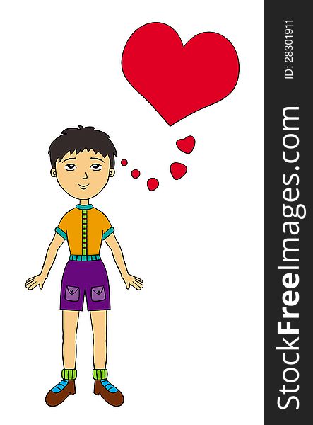 An illustration of a young man thinking with heart shaped talk balloons. An illustration of a young man thinking with heart shaped talk balloons