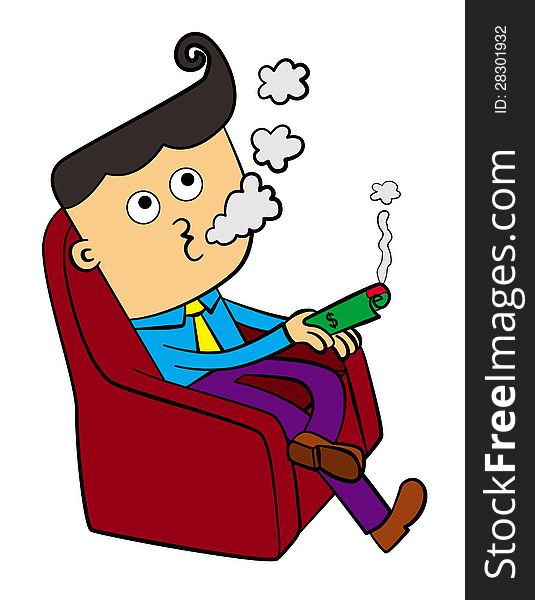 A cartoon illustration of a business man sitting on a comfortable couch while smoking using a dollar bill. A cartoon illustration of a business man sitting on a comfortable couch while smoking using a dollar bill