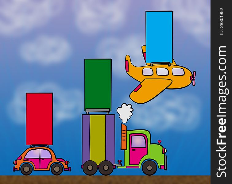 Illustration of a bar graph, with each bar carried by a car, a truck, and a plane. Illustration of a bar graph, with each bar carried by a car, a truck, and a plane