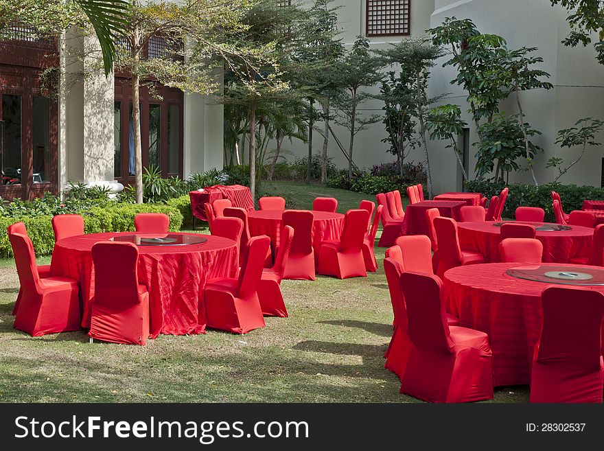 Red round dinner tables outdoor. Red round dinner tables outdoor