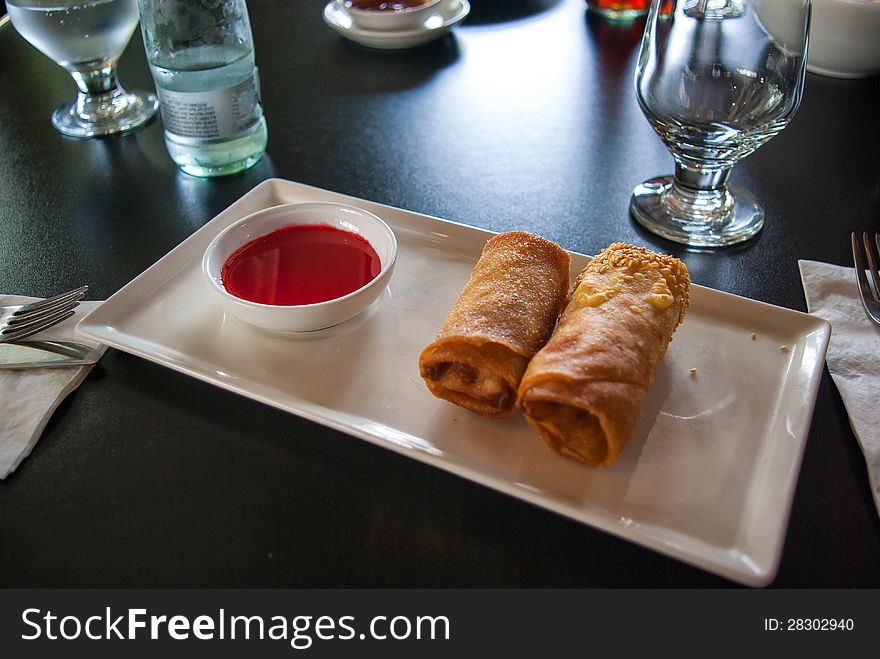 Far East Cuisine Chinese Fried Spring Egg Roll Served in a Restaurant. Far East Cuisine Chinese Fried Spring Egg Roll Served in a Restaurant