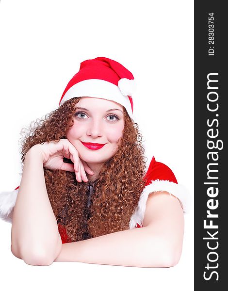 Portrait of pretty curly girl dressed as Santa