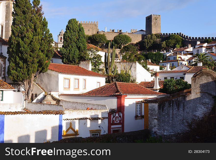 Old beautiful houses in medieval city of Obidos, Portugal